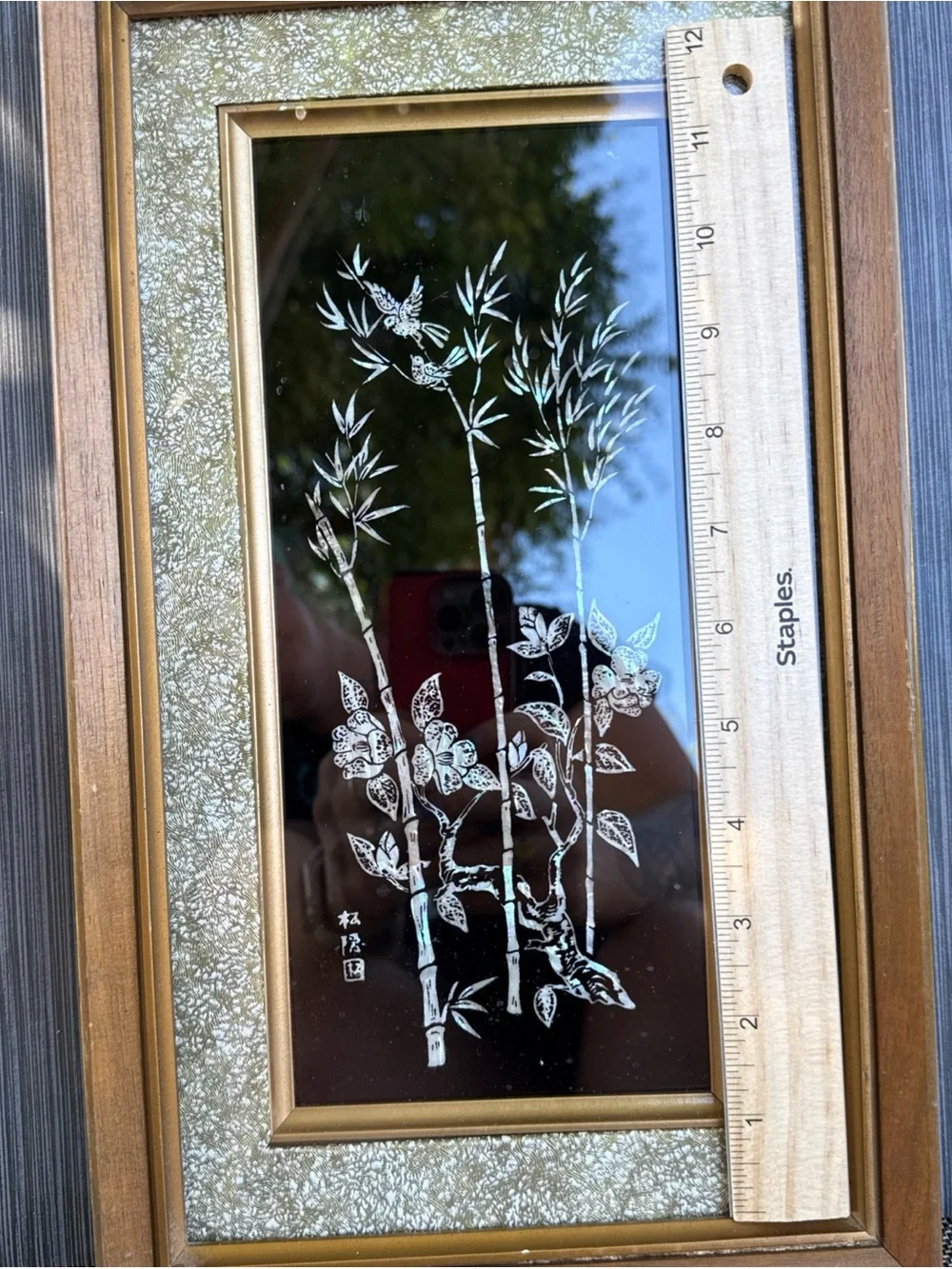 Vintage Abalone Scratch Painting Framed Art Bamboo Wall Hanging MCM 14x7